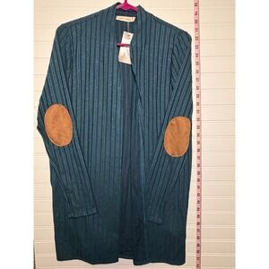 First Look Womens Teal Green Ribbed Open Front Cardigan Elbow Patches Small NWT